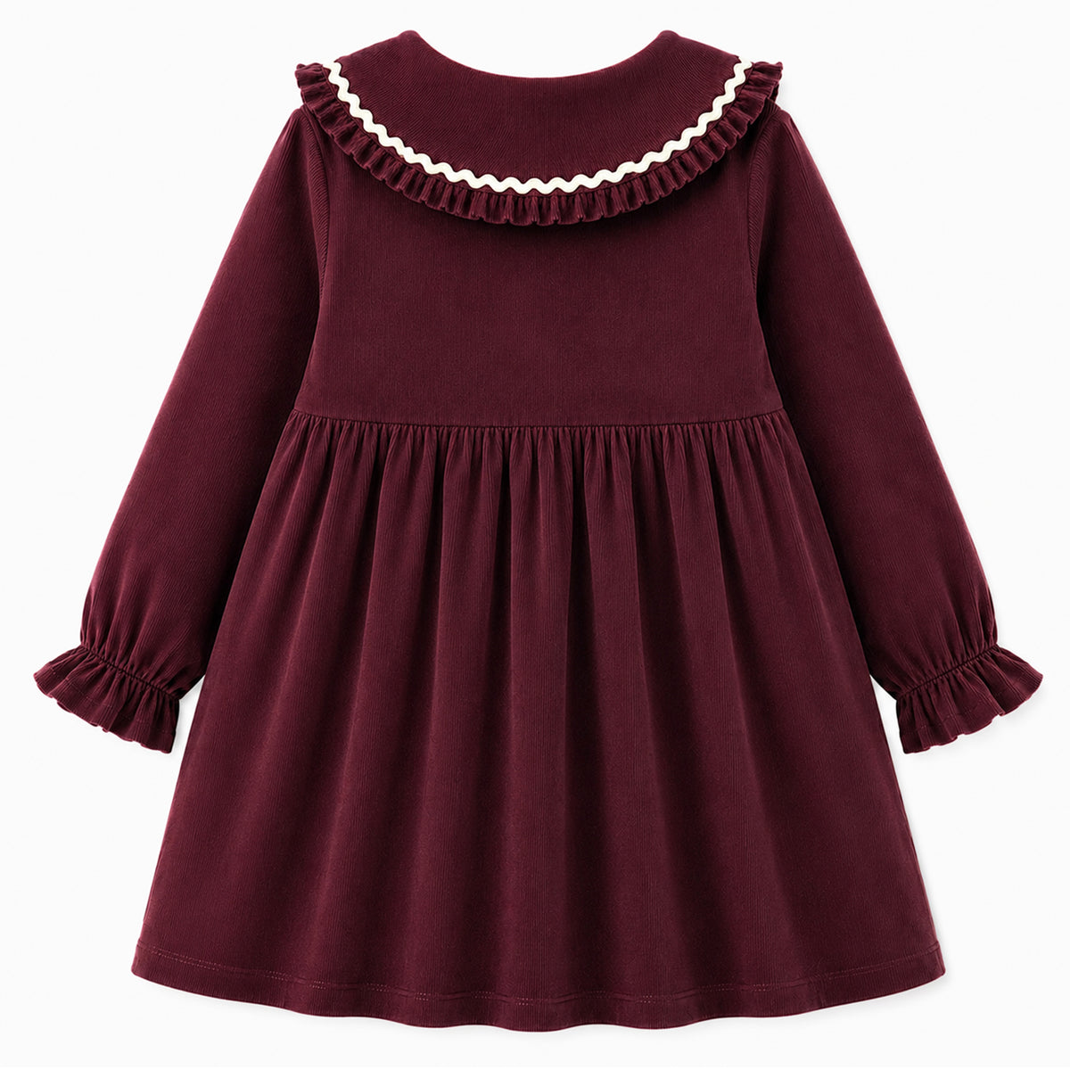 HILEELANG Toddler Girls 100% Cotton Long Sleeve Dress, Ruffle Peter Pan Collar Button Front Casual Dress, Burgundy Red
