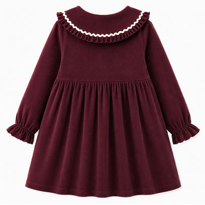 HILEELANG Toddler Girls 100% Cotton Long Sleeve Dress, Ruffle Peter Pan Collar Button Front Casual Dress, Burgundy Red
