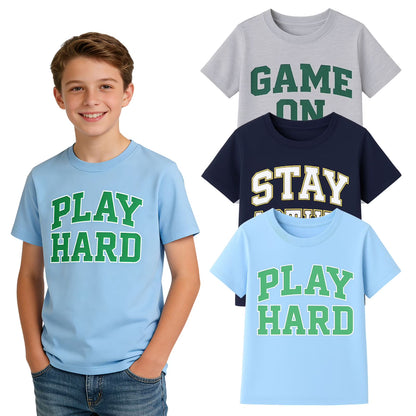 HILEELANG 4-13 Little/Big Boys Gray/Navy/Light Blue Varsity Slogan 100% Cotton 3-Pack Short Sleeve T-Shirt