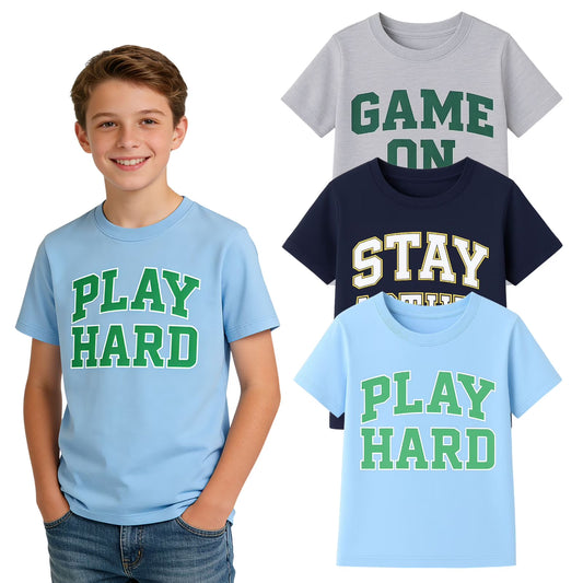 HILEELANG 4-13 Little/Big Boys Gray/Navy/Light Blue Varsity Slogan 100% Cotton 3-Pack Short Sleeve T-Shirt