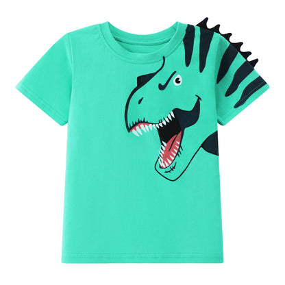 HILEELANG Toddler Dino Themed Cotton Short Sets - Green Dinosaur Tee with Plaid Shorts for 2-7Years(3T)