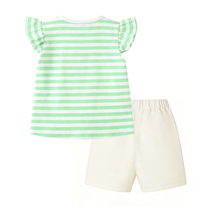 Hero image 1 of HILEELANG Toddler Girls 100% Cotton Bunny Stripe Ruffle Short Set, Sizes 2T, 1 of 7      Best seller Visit the HILEELANG Store HILEELANG Toddler Girls 100% Cotton Bunny Stripe Ruffle Short Set
