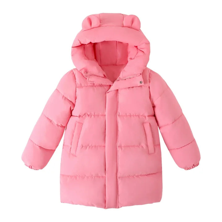 HILEELANG Girls Light Pink Mid-Length Puffer Coat – Warm Quilted Winter Jacket with Cute Bear Ear Hood, Lightweight Padded Outerwear for Kids