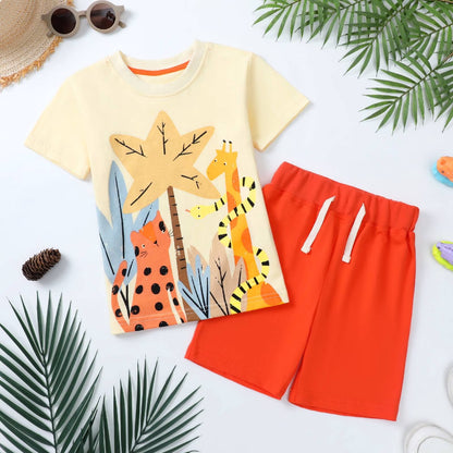 HILEELANG Toddler Boy Summer Short Clothes Sets Outfits Easter Cotton Yellow Cat Giraffe Shirts Shorts Playwear