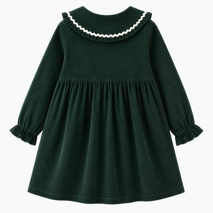 HILEELANG Toddler Dark Green Wavy Collar Corduroy Dress, Single Piece