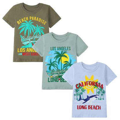 HILEELANG Kids Boys T-Shirts 3 Pack, 100% Cotton Short Sleeve Tees for 6-12Y, California Beach Surf Themed Summer Tops for Teen Boys