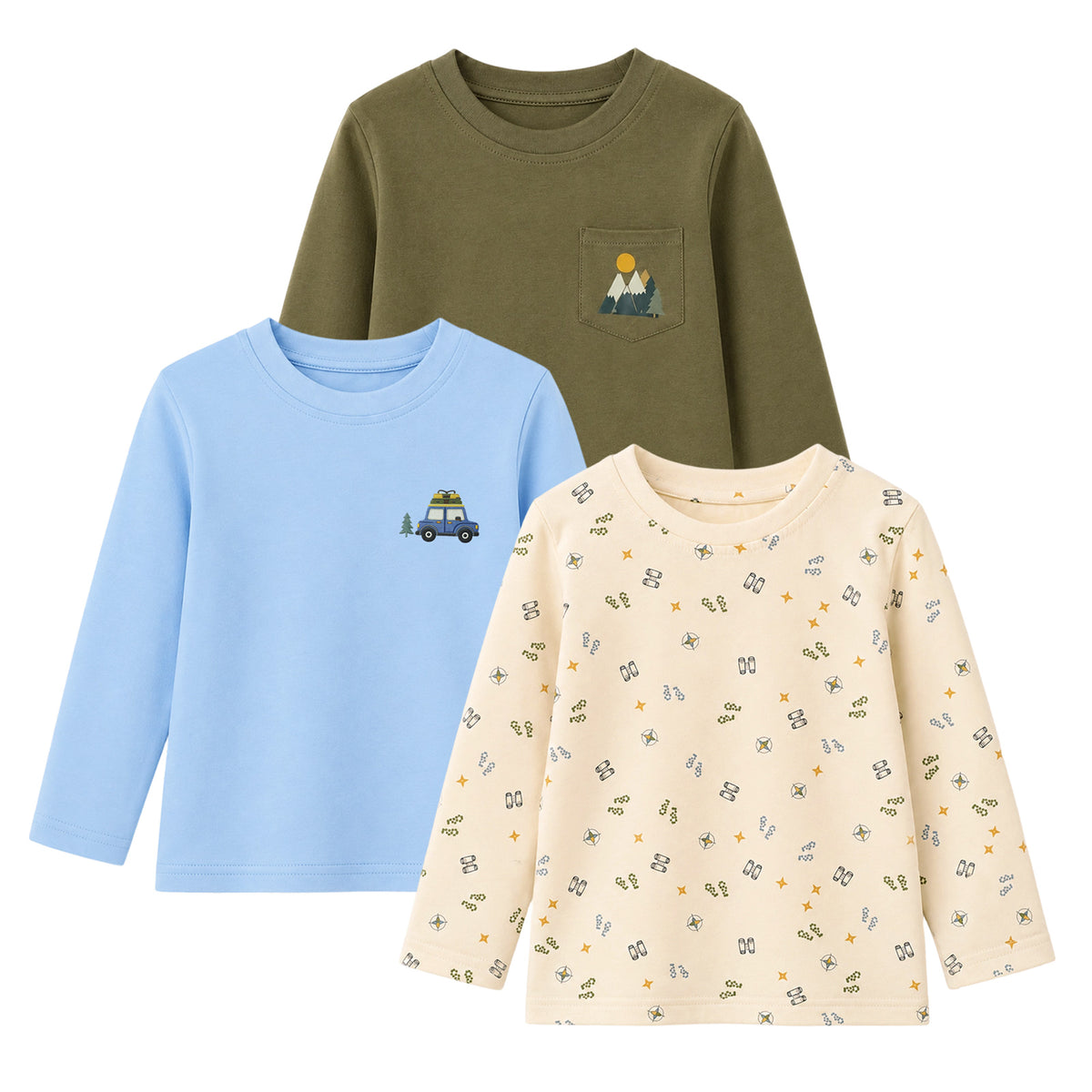 HILEELANG Boys Long Sleeve Shirts 3 Pack Cotton Tees Adventure Mix