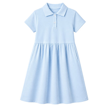 HILEELANG 4-13T Little Girls' Cambridge blue Short Sleeve Polo Dress with Pockets, School Uniform Casual Dress for Kids