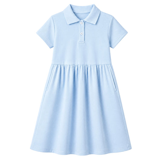 HILEELANG 4-13T Little Girls' Cambridge blue Short Sleeve Polo Dress with Pockets, School Uniform Casual Dress for Kids