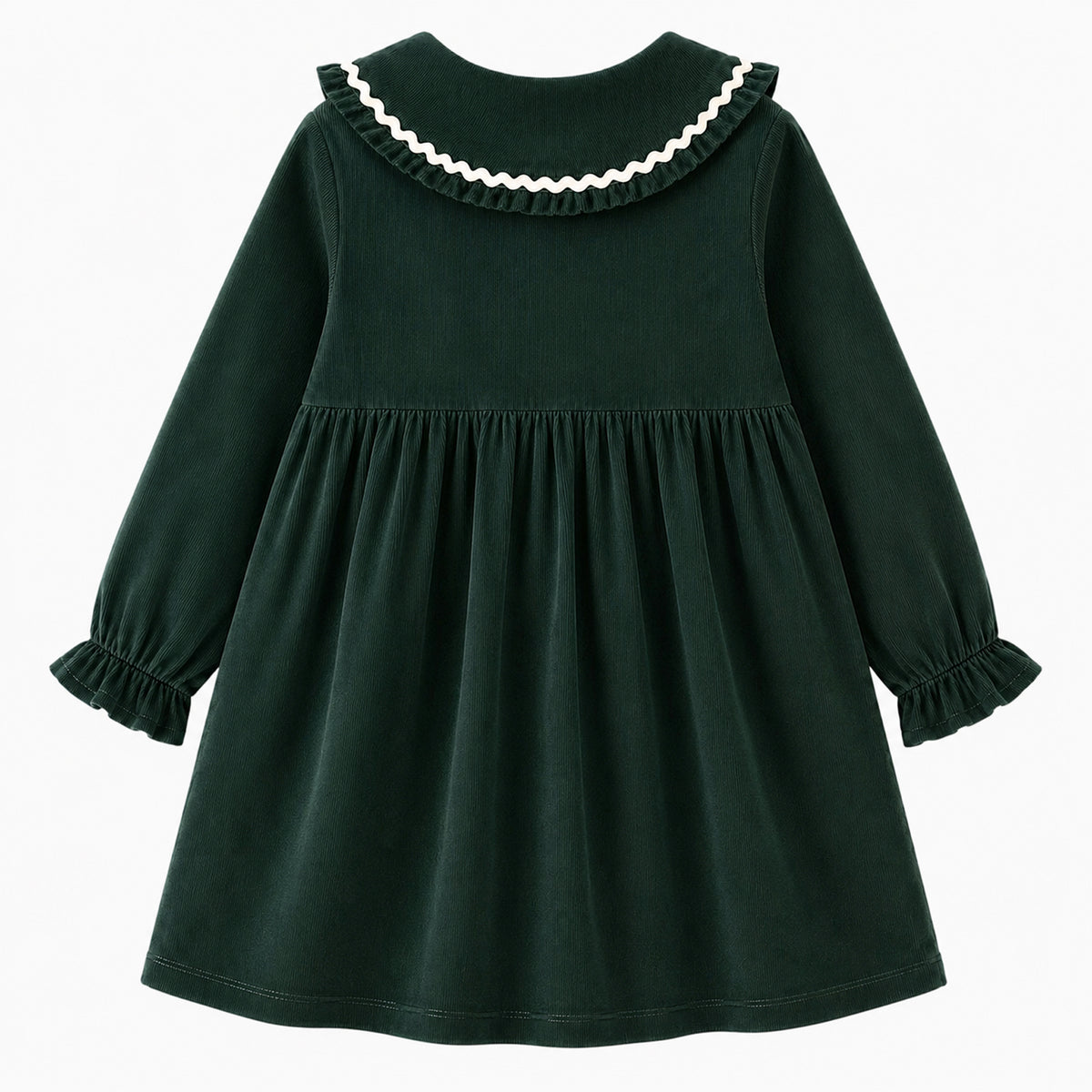 HILEELANG Toddler Girls 100% Cotton Long Sleeve Dress, Peter Pan Collar Ruffle Trim Button Front Casual Dress, Dark Green