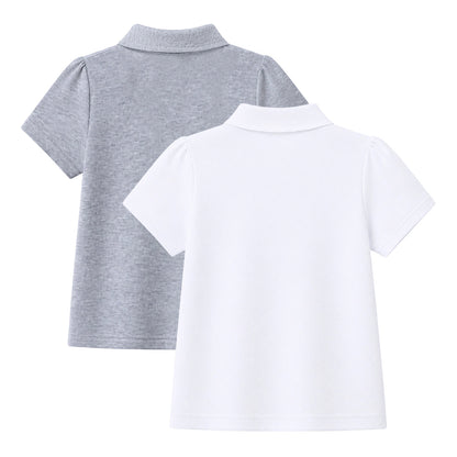 HILEELANG 2-Pack Little/Big Girls' Short Sleeve Pique Polo Shirts, School Uniform Tops for Kids 4-13T, White & Heather Gray