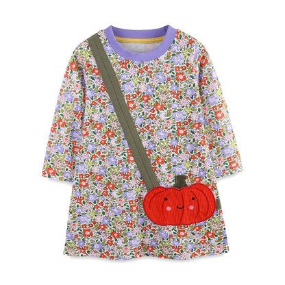 HILEELANG 100% Cotton Girls Long Sleeve Dress with NavyUnicorn ,NavyStripeDog,StripeStrawberry and FloralPumpkin – Ages