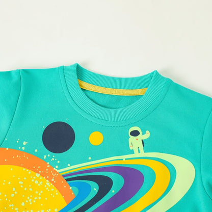 HILEELANG Toddler Boy Sweatshirts Halloween Green Planet Graphic Glow in the Dark Crewneck Long Sleeve Pullover Cotton Top Sweater Shirts