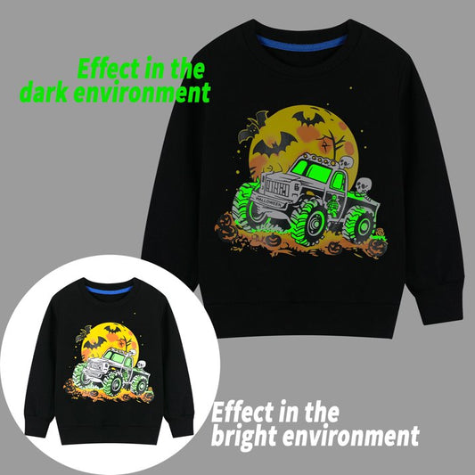 HILEELANG Toddler Boy Black Sweatshirts Halloween Skeleton Truck Graphic Glow in the Dark Crewneck Long Sleeve Pullover Cotton Top Sweater Shirts