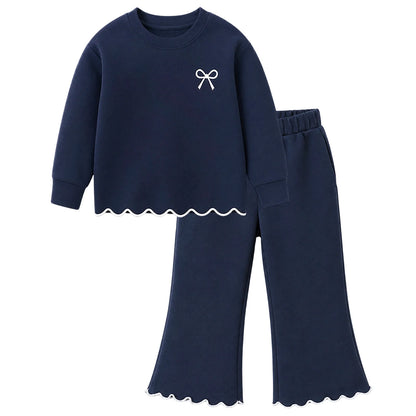 HILEELANG Girls 2 Piece Outfit Set, Bow Detail Long Sleeve Top & Flare Pants, Scallop Trim, Navy Blue