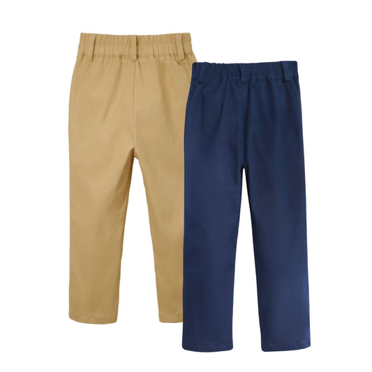 HILEELANG 2PC Little Boys Girls School Uniform Pants Khaki Navy Blue Kids Wrinkle-Free Dress Slacks Elastic Back Waist Classic Fit Pull-On Trousers for Students