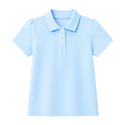 HILEELANG 2-Pack Little/Big Girls' Short Sleeve Pique Polo Shirts, School Uniform Tops for Kids 4-13T, White & Light Blue