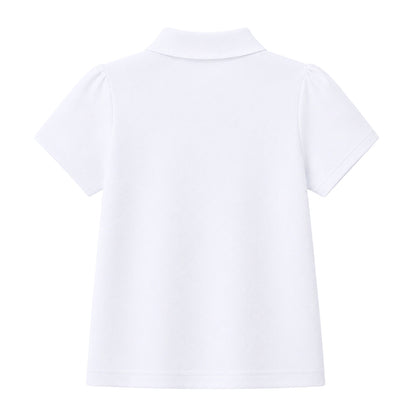 HILEELANG 2-Pack Little/Big Girls' Short Sleeve Pique Polo Shirts, Uniform Tops for Kids 4-13T, White & Navy Blue