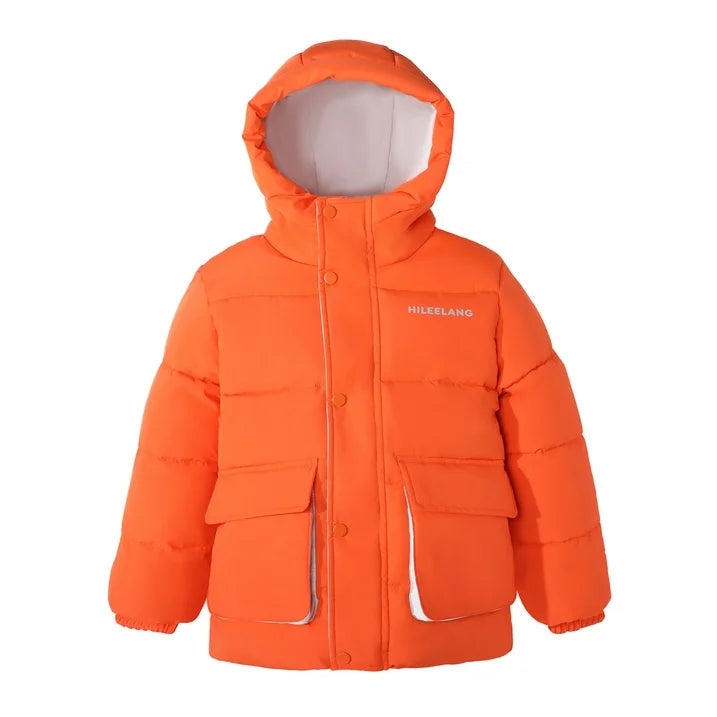 HILEELANG Kids Big Boys Lightweight Puffer Jacket with Hood Warm Light Weigh Water-Resistant Winter Coat for Kids 6-13, Bright Orange Safety Color