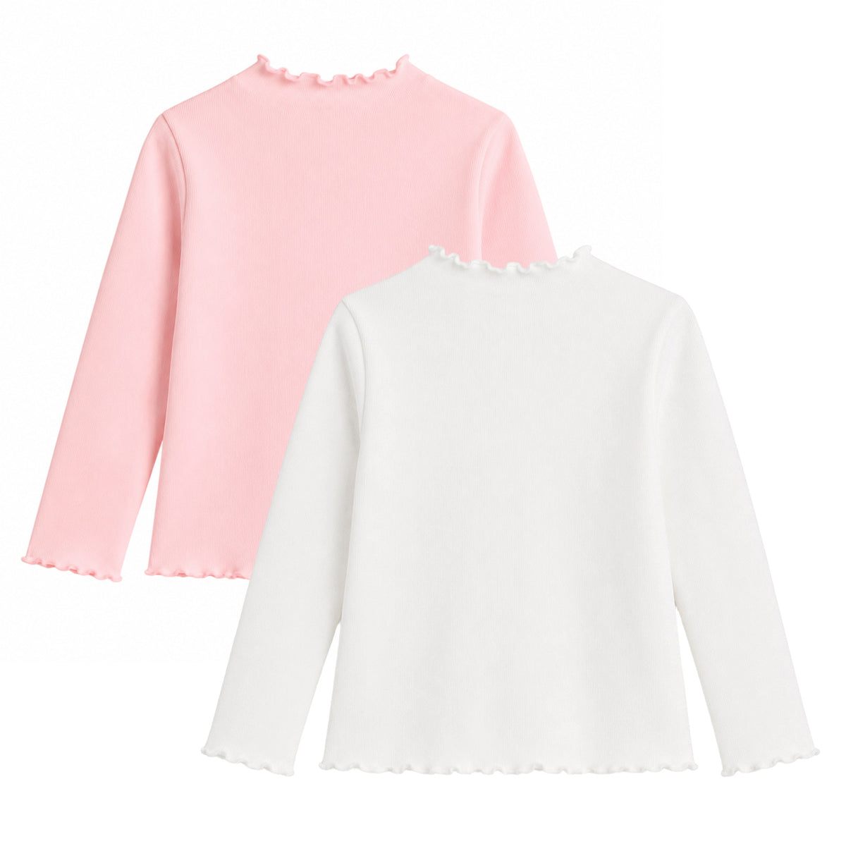 HILEELANG Toddler Girls Long Sleeve T-Shirts 2-Pack, Ruffle Trim Deer Embroidery, Ivory and Pink