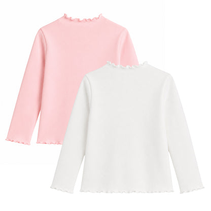 HILEELANG Toddler Girls Long Sleeve T-Shirts 2-Pack, Ruffle Trim Deer Embroidery, Ivory and Pink