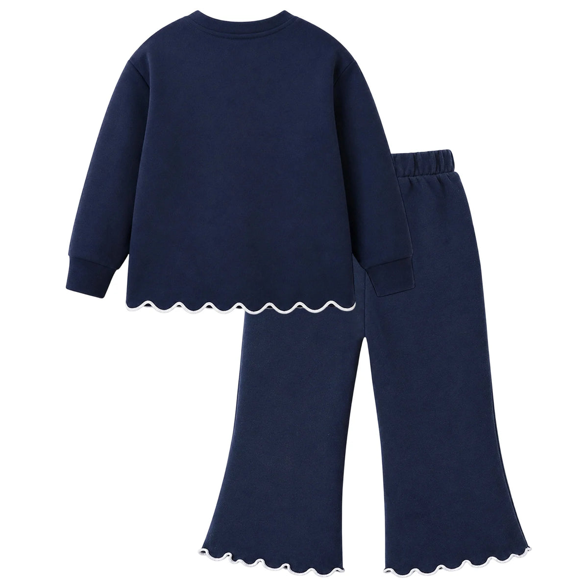 HILEELANG Girls 2 Piece Outfit Set, Bow Detail Long Sleeve Top & Flare Pants, Scallop Trim, Navy Blue
