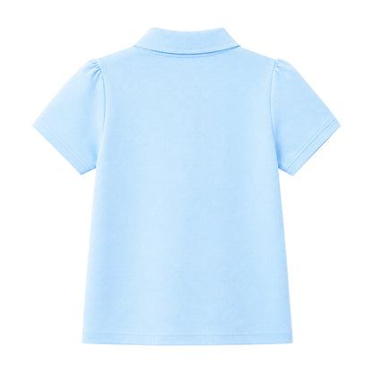 HILEELANG 2-Pack Little/Big Girls' Short Sleeve Pique Polo Shirts, School Uniform Tops for Kids 4-13T, White & Light Blue