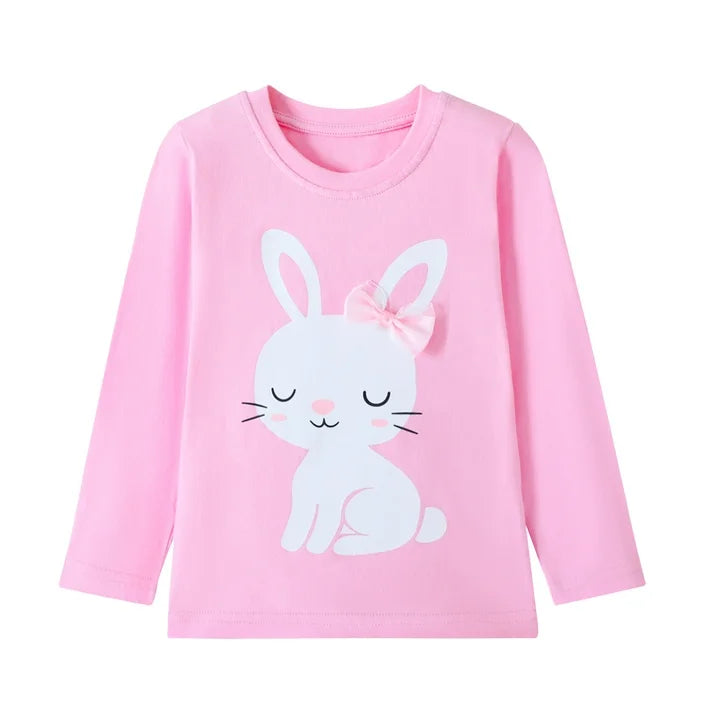 HILEELANG Toddler Girls Long Sleeve T Shirts 3 Pack – 100% Cotton Casaul Pink Blue Purple Bunny Fox Owl Cute Graphic Tees for Fall Winter Everyday Layering & Play
