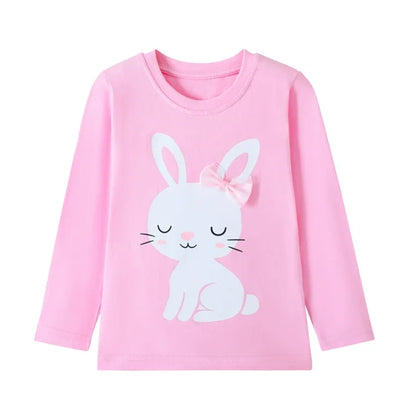 HILEELANG Toddler Girls Long Sleeve T Shirts 3 Pack – 100% Cotton Casaul Pink Blue Purple Bunny Fox Owl Cute Graphic Tees for Fall Winter Everyday Layering & Play