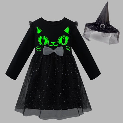 HILEELANG Toddler Girl Hallowen 2-8years old Dress Long Sleeve Novelty Black Cat Graphic Glow in the Dark Tulle Tutu Party Dresses With Witch Hat