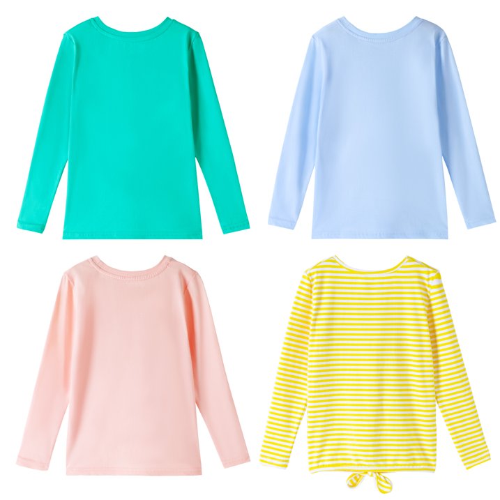 HILEELANG Girls 100% Cotton Long Sleeve T-Shirt 4-Pack, Blue Pink Green Yellow, Casual Everyday Tops