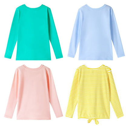 HILEELANG Girls 100% Cotton Long Sleeve T-Shirt 4-Pack, Blue Pink Green Yellow, Casual Everyday Tops