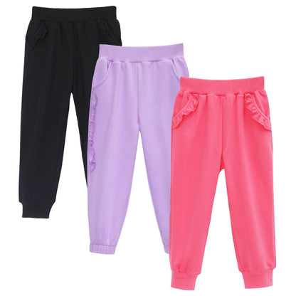 HILEELANG Baby Girls' Jogger Pants 3-Pack Pull on Cotton French Terry Solid Grey Navy pink Ruffle Pocket SweatPants12M