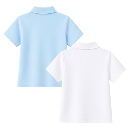 HILEELANG 5-14 Years Boys Polo Shirts 2 Pack, School Uniform Short Sleeve Shirts for Kids, Cotton Blend Breathable Casual Tops for Boys, White and Light Blue