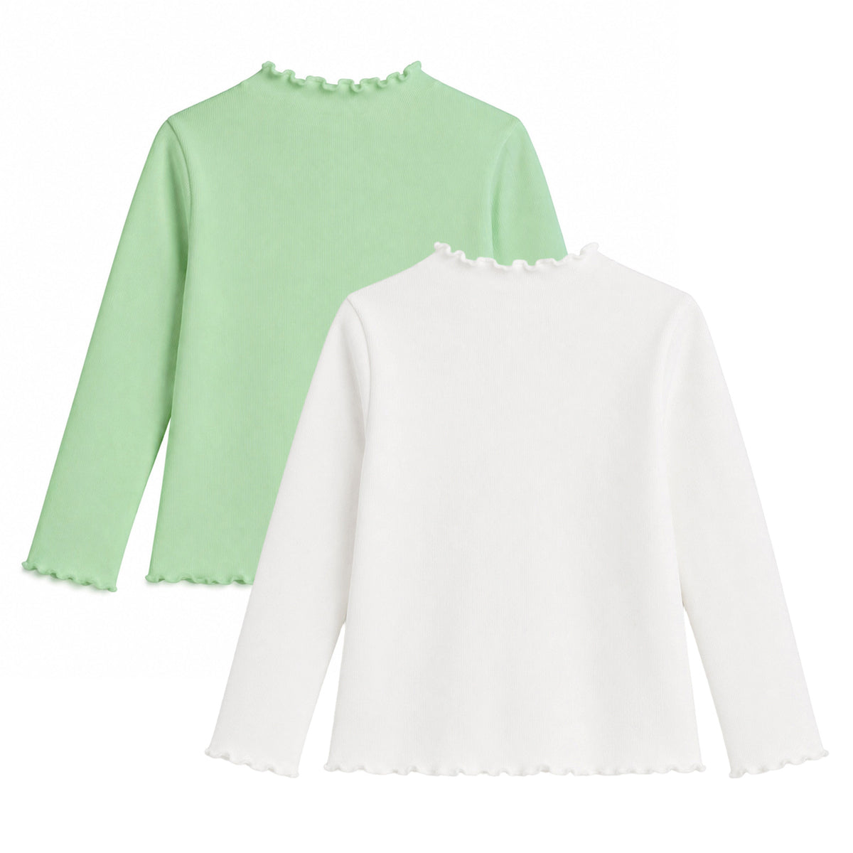 HILEELANG Toddler Girls Long Sleeve T-Shirts 2-Pack, Ruffle Trim Deer Embroidery, Ivory and Sage Green