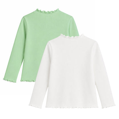 HILEELANG Toddler Girls Long Sleeve T-Shirts 2-Pack, Ruffle Trim Deer Embroidery, Ivory and Sage Green