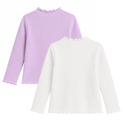 HILEELANG Toddler Girls Long Sleeve T-Shirts 2-Pack, Ruffle Trim Deer Embroidery, Ivory and Lavender