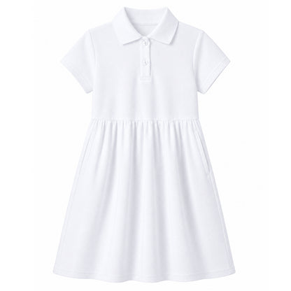 HILEELANG 4-13T Little Girls' white Short Sleeve Polo Dress with Pockets, School Uniform Casual Dress for Kids