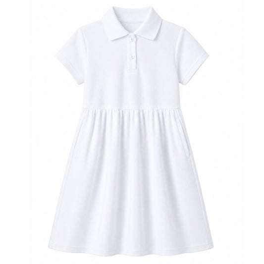 HILEELANG 4-13T Little Girls' white Short Sleeve Polo Dress with Pockets, School Uniform Casual Dress for Kids