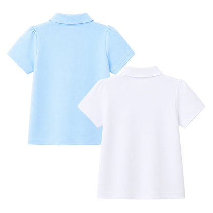 HILEELANG 2-Pack Little/Big Girls' Short Sleeve Pique Polo Shirts, School Uniform Tops for Kids 4-13T, White & Light Blue