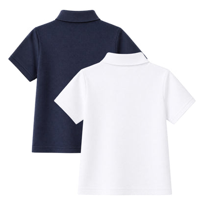 HILEELANG 5-14 Years Boys Polo Shirts 2 Pack, White and Navy Short Sleeve School Uniform Shirts for Kids, Cotton Blend Collared Polo for Boys
