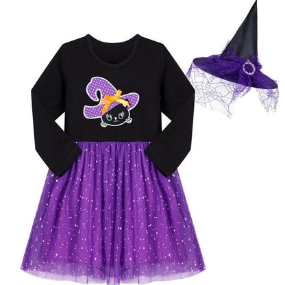 HILEELANG Toddler Girl Hallowen 2-8years old Dress Novelty Long Sleeve Black Cat Applique Purple Tulle Tutu Outfits With Witch Hat