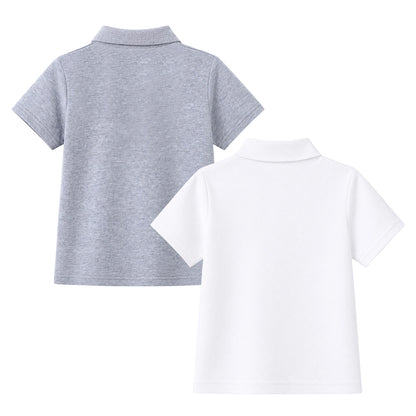 HILEELANG 5-14 Years Boys Polo Shirts 2 Pack, School Uniform Short Sleeve Shirts for Kids, Cotton Blend Casual Polo Tops for Boys,White and Heather Gray