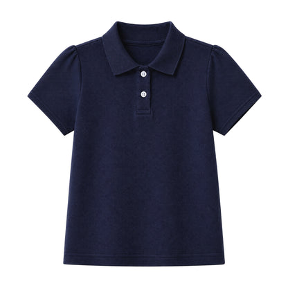 HILEELANG 2-Pack Little/Big Girls' Short Sleeve Pique Polo Shirts, Uniform Tops for Kids 4-13T, White & Navy Blue