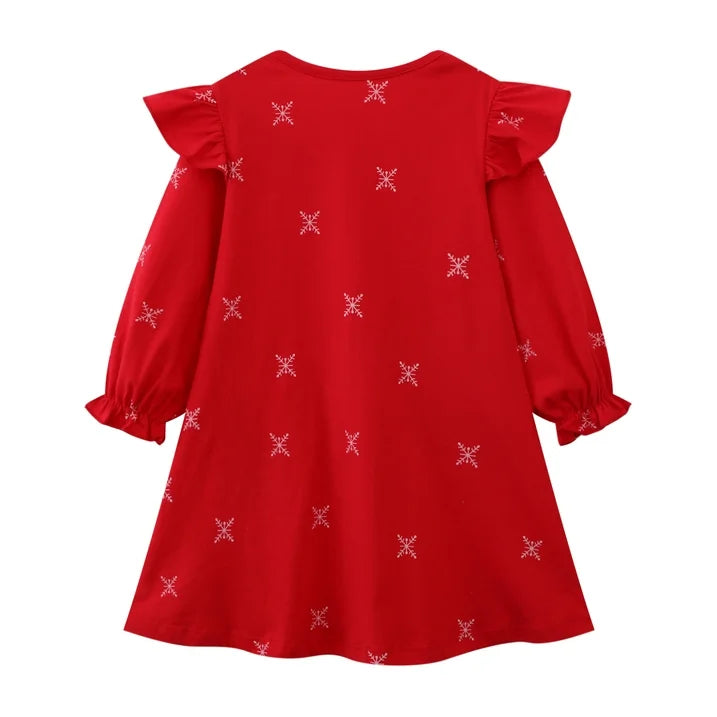 HILEELANG Toddler Girl Christmas Dress Red Ruffle Long Sleeve Cotton Casual Santa Claus Elk Applique Dresses