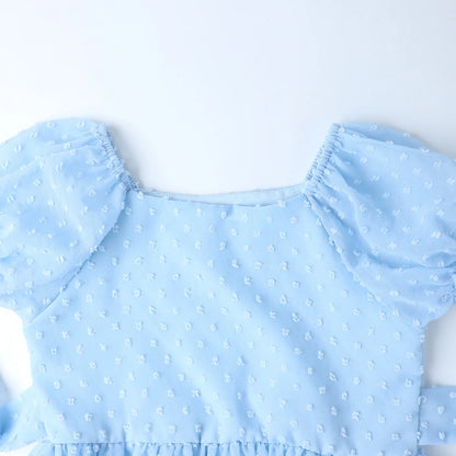 HILEELANG Girls Light Blue Swiss Dot Puff Sleeve Polyester Dress 4-5Y Little Girls