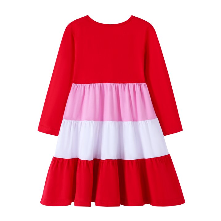 HILEELANG Girls Christmas Dress Long Sleeve Red Pink Tiered Party Outfit with Heart Bow Cotton Holiday Valentine’s Day Dress for Toddler Kids