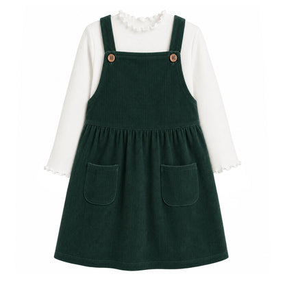 HILEELANG Little Dark Green Corduroy Overall Dress, Single Piece 3Y-10Y