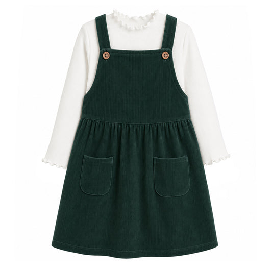 HILEELANG Toddler Dark Green Corduroy Overall Dress, Single Piece