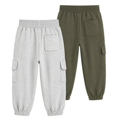 HILEELANG Toddler Boys 2 Pack Cargo Jogger Pants Car Embroidery Drawstring Sweatpants Heather Grey Olive